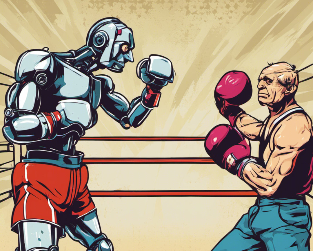 A robot training a boxer in a boxing ring