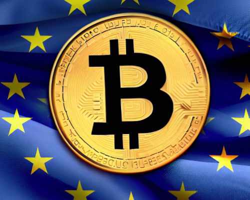 the european flag with a spot bitcoin etf in front of it