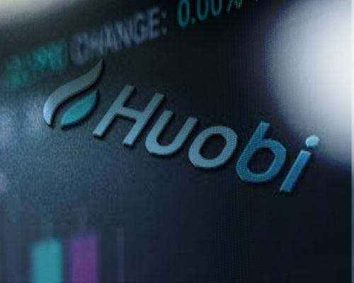 Huobi logo on blue background