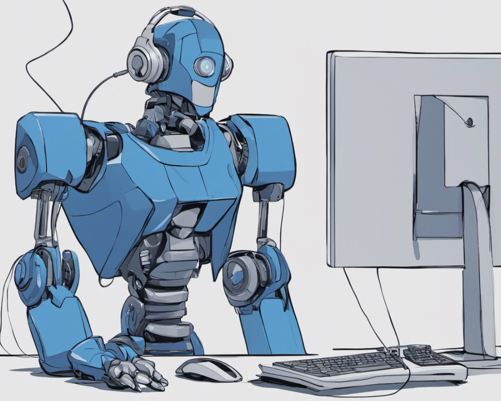A blue robot with a headset in front of a computer screen